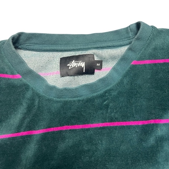 Stussy Velour Crewneck Sweatshirt Stripe Green Pink M - Picture 3 of 7